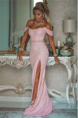 Elegant Mermaid Off-the-Shoulder Sequins Long Prom Dress Formal Evening Dresses 601401