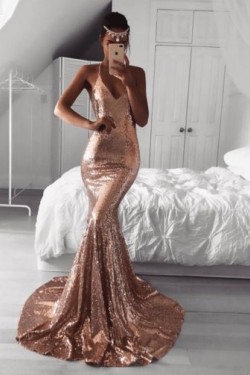 Mermaid Spaghetti Straps V-Neck Sequins Long Prom Dress Formal Evening Dresses 601402