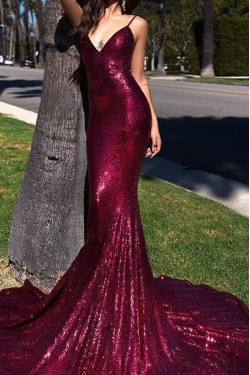 Mermaid V-Neck Spaghetti Straps Sparkling Long Prom Dress Formal Evening Dresses 601409