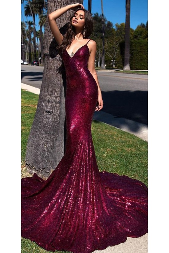 Mermaid V-Neck Spaghetti Straps Sparkling Long Prom Dress Formal Evening Dresses 601409