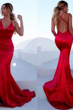 Mermaid V-Neck Long Red Prom Dress Formal Evening Dresses 601416