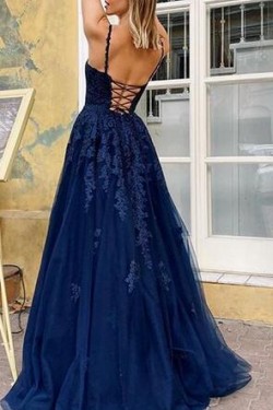 A-Line V-Neck Lace Appliques Long Prom Dress Formal Evening Dresses 601419