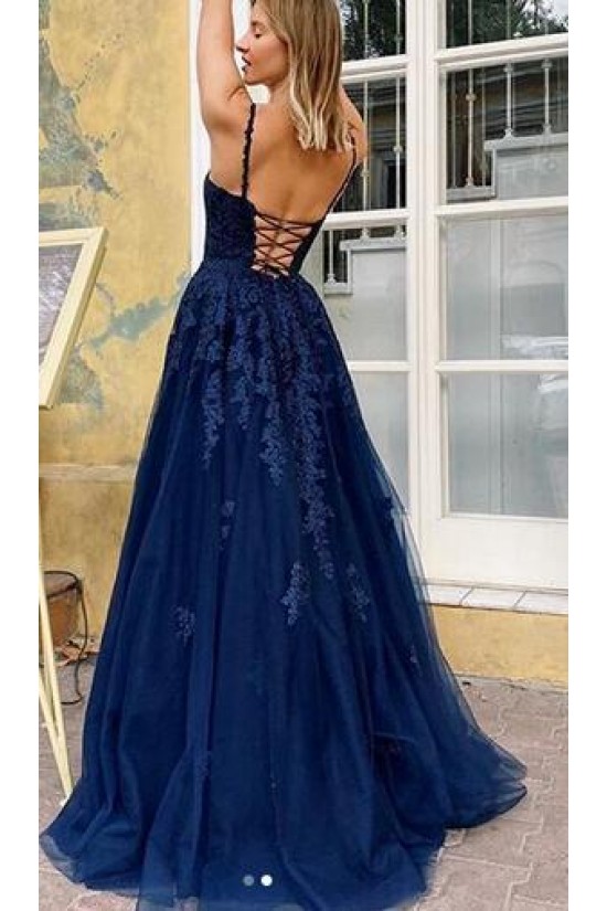 A-Line V-Neck Lace Appliques Long Prom Dress Formal Evening Dresses 601419