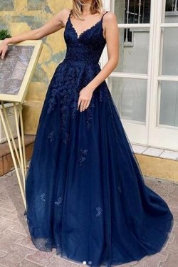 A-Line V-Neck Lace Appliques Long Prom Dress Formal Evening Dresses 601419