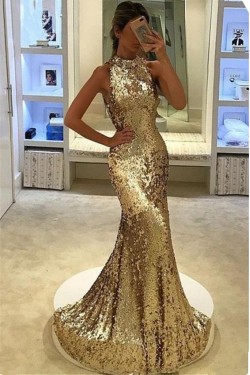 Mermaid Gold Sparkling Long Prom Dress Formal Evening Dresses 601425