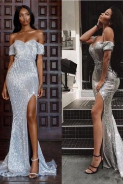 Mermaid Off-the-Shoulder Sparkling Long Prom Dress Formal Evening Dresses 601428