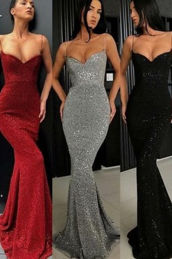 Mermaid Spaghetti Straps Sparkling Long Prom Dress Formal Evening Dresses 601429