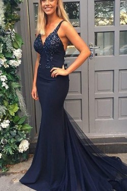 Mermaid V-Neck Long Navy Blue Prom Dress Formal Evening Dresses 601430