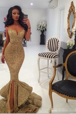 Mermaid Spaghetti Straps Sparkling Long Prom Dress Formal Evening Dresses 601431