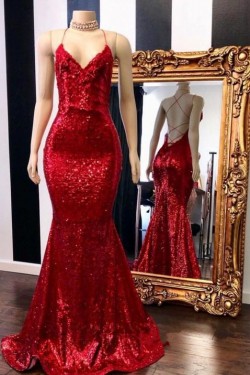 Mermaid Spaghetti Straps Sparkling Long Prom Dress Formal Evening Dresses 601432