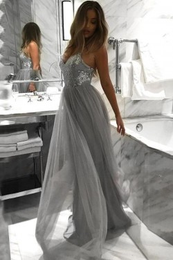 A-Line Tulle Long Prom Dress Formal Evening Dresses 601433