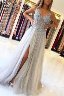 A-Line Beaded V-Neck Tulle Long Prom Dress Formal Evening Dresses 601440
