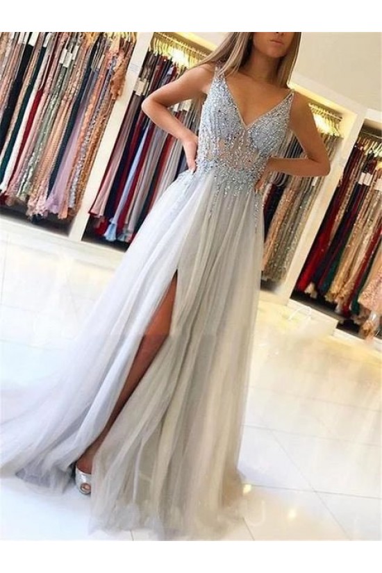 A-Line Beaded V-Neck Tulle Long Prom Dress Formal Evening Dresses 601440 A-Line Beaded V-Neck Tulle Long Prom Dress Formal Evening Dresses 601440