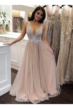 A-Line Beaded V-Neck Long Prom Dress Formal Evening Dresses 601442