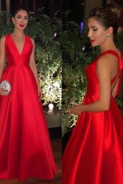 A-Line V-Neck Long Red Satin Prom Dress Formal Evening Dresses 601443