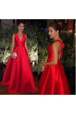 A-Line V-Neck Long Red Satin Prom Dress Formal Evening Dresses 601443