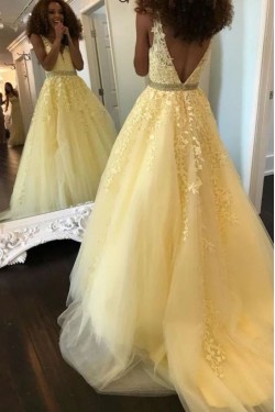 A-Line Beaded Lace Appliques V-neck Long Prom Dress Formal Evening Dresses 601444