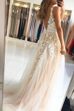 A-Line V-Neck Lace Appliques Long Prom Dress Formal Evening Dresses 601446
