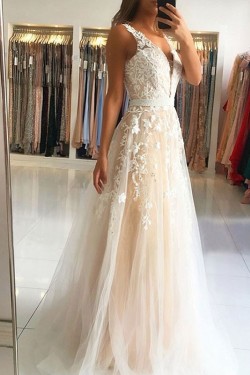A-Line V-Neck Lace Appliques Long Prom Dress Formal Evening Dresses 601446