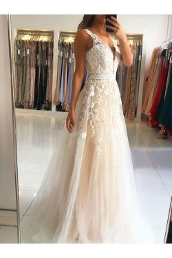 A-Line V-Neck Lace Appliques Long Prom Dress Formal Evening Dresses 601446