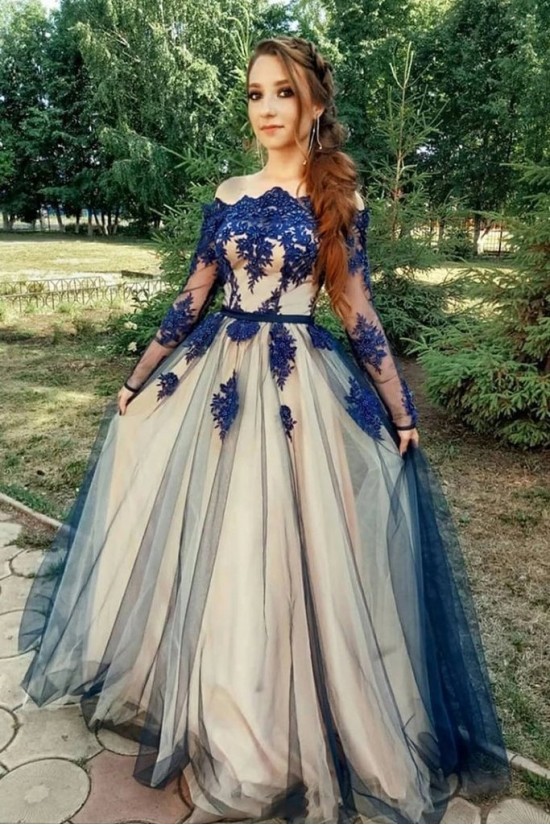 A-Line Off-the-Shoulder Long Sleeves Lace Appliques Long Prom Dress Formal Evening Dresses 601447 A-Line Off-the-Shoulder Long Sleeves Lace Appliques Long Prom Dress Formal Evening Dresses 601447