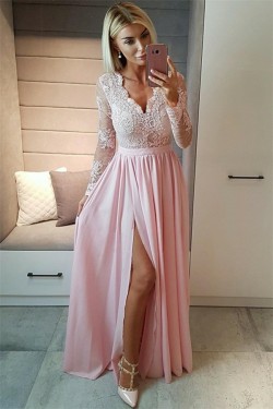 A-Line Long Sleeves Lace Chiffon Long Prom Dress Formal Evening Dresses 601462