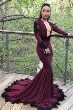 Mermaid Long Sleeves Lace Appliques Long Prom Dress Formal Evening Dresses 601464