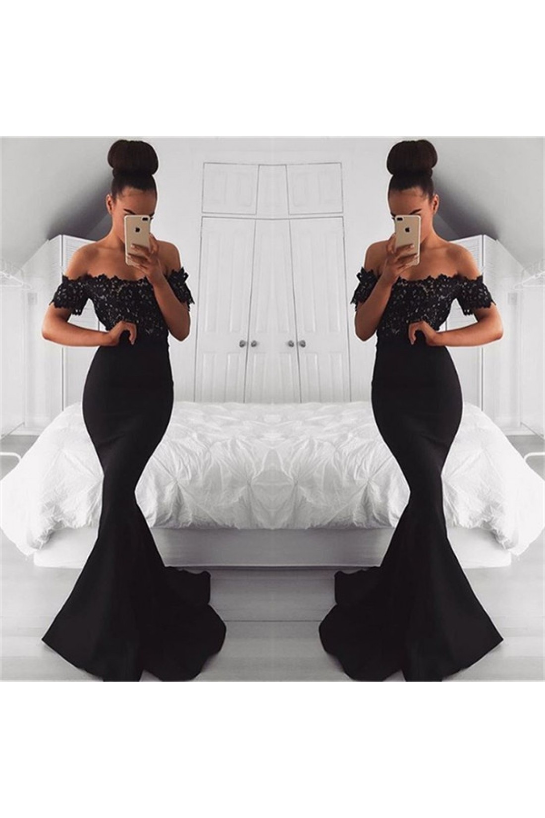 Mermaid Long Black Off-the-Shoulder Lace Prom Dress Formal Evening ...