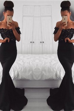 Mermaid Long Black Off-the-Shoulder Lace Prom Dress Formal Evening Dresses 601465