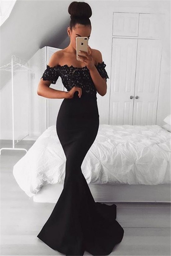 Mermaid Long Black Off-the-Shoulder Lace Prom Dress Formal Evening ...