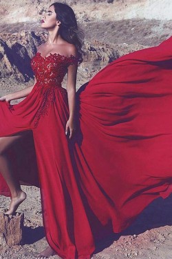 A-Line Off-the-Shoulder Lace Chiffon Long Red Prom Dress Formal Evening Dresses 601466