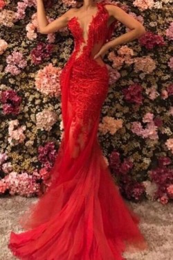 Mermaid Lace and Tulle Long Red Prom Dress Formal Evening Dresses 601471
