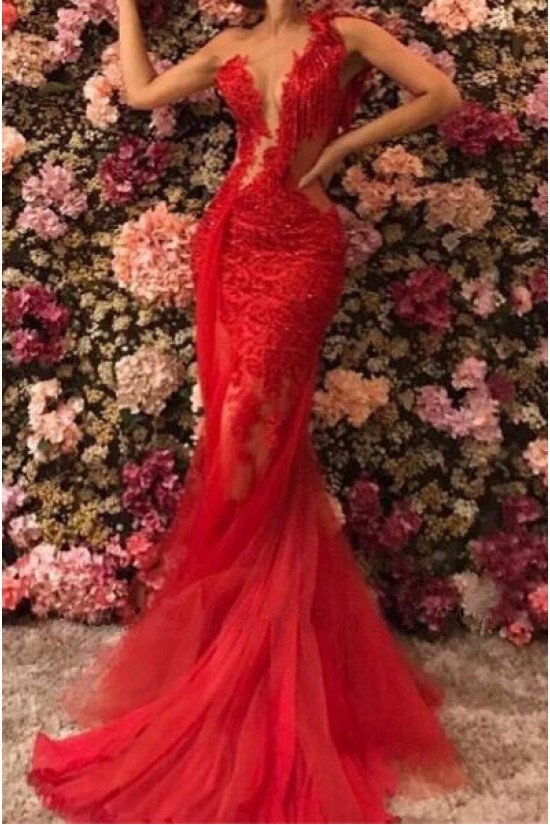 Mermaid Lace and Tulle Long Red Prom Dress Formal Evening Dresses 601471 Mermaid Lace and Tulle Long Red Prom Dress Formal Evening Dresses 601471