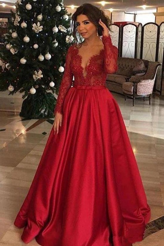 A-Line Long Sleeves V-Neck Lace Satin Red Prom Dress Formal Evening Dresses 601482 A-Line Long Sleeves V-Neck Lace Satin Red Prom Dress Formal Evening Dresses 601482