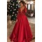 A-Line Long Sleeves V-Neck Lace Satin Red Prom Dress Formal Evening Dresses 601482