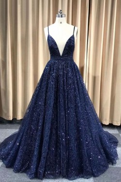 A-Line Sparkling V-Neck Long Prom Dress Formal Evening Dresses 601494