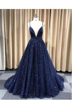 A-Line Sparkling V-Neck Long Prom Dress Formal Evening Dresses 601494