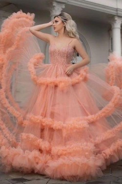 A-Line Beaded Tulle Long Prom Dress Formal Evening Dresses 601511