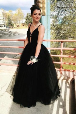 A-Line Long Black Tulle Prom Dress Formal Evening Dresses 601514
