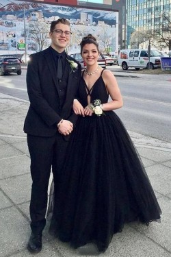 A-Line Long Black Tulle Prom Dress Formal Evening Dresses 601514