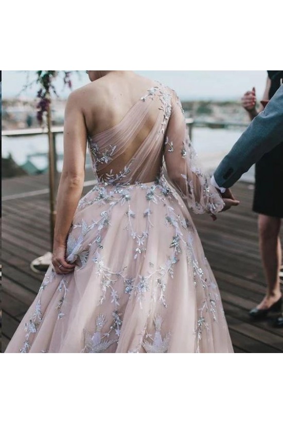 A-Line One-Shoulder Long Prom Dress Formal Evening Dresses 601532