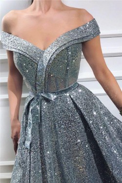 A-Line Off-the-Shoulder Sparkling Long Prom Dress Formal Evening Dresses 601536