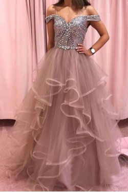 A-Line Beaded Tulle Off-the-Shoulder Long Prom Dress Formal Evening Dresses 601538