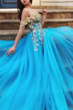 A-Line Lace Tulle Off-the-Shoulder Long Prom Dress Formal Evening Dresses 601540