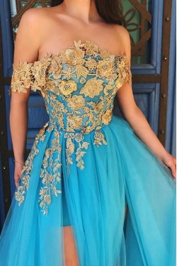 A-Line Lace Tulle Off-the-Shoulder Long Prom Dress Formal Evening Dresses 601540