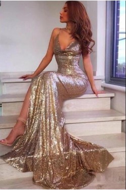 Mermaid Sparkling V-Neck Long Prom Dress Formal Evening Dresses 601548