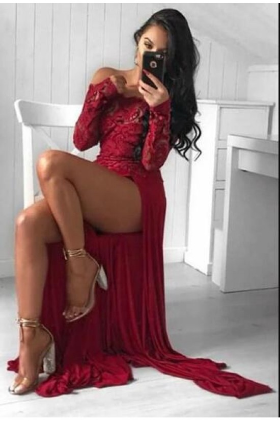 Lace and Chiffon Long Sleeves Prom Dress Formal Evening Dresses 601550 Lace and Chiffon Long Sleeves Prom Dress Formal Evening Dresses 601550