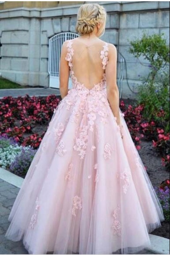 A-Line Lace Tulle V-Neck Long Prom Dress Formal Evening Dresses 601557