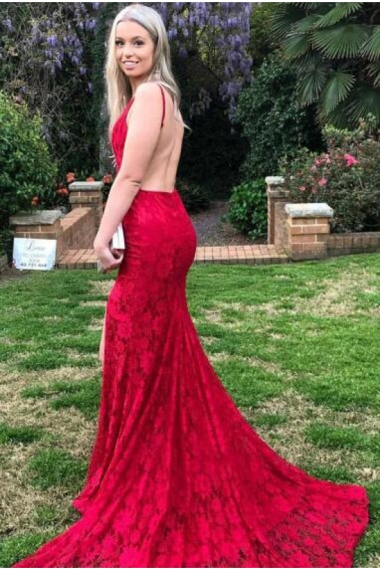 Mermaid Backless Lace V-Neck Long Prom Dress Formal Evening Dresses 601559