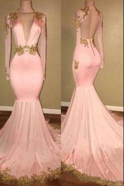 Mermaid Deep V-Neck Long Sleeves Long Prom Dress Formal Evening Dresses 601560